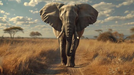 Fototapeta premium majestic african bush elephant walking across dirt road in tanzania closeup portrait 8k generative ai