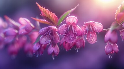   A close-up of vibrant flowers adorned with dewdrops against a radiant background