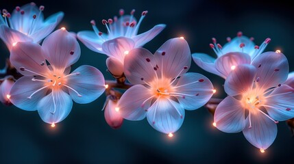   A close-up of a flower branch, illuminated by lights between its petals