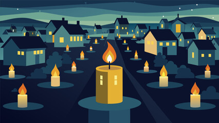 A small town holds a candlelit vigil in the town square each candle representing a fallen soldier from their community. The glowing lights serve as a. Vector illustration - obrazy, fototapety, plakaty