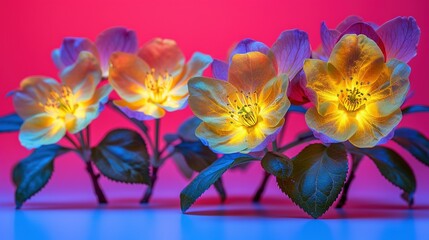   A bouquet of flowers resting on a multicolored background with the blue and pink theme