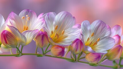 Fototapeta premium A detailed view of several blooms on a stem surrounded by a hazy pastel backdrop