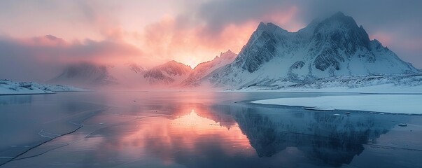 Naklejka premium Snowy mountains in winter day near lake under dark sky at sunrise