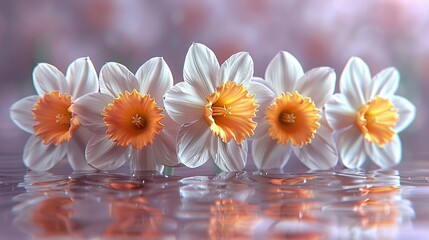   A cluster of white and orange blossoms resting atop a glossy platform against a hazy backdrop