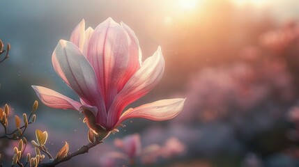   A pink flower on a tree branch, illuminated by the sun in the sky