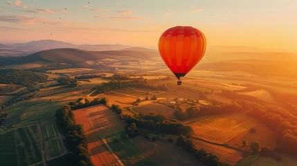 Obraz premium majestic hot air balloon soaring above idyllic countryside at golden hour aerial landscape