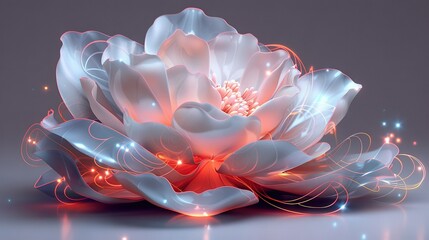  White flower with red center and blue-white swirls on gray background, also red center surrounded by blue-white swirls