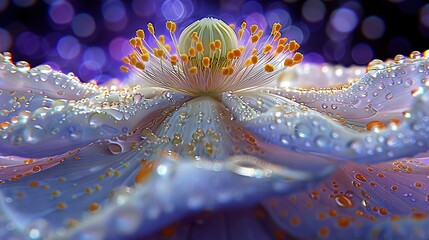   A macro of a bloom with dewdrops on its petals and the core