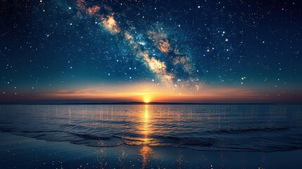   Star-filled sky above tranquil water as sun sets in the distance