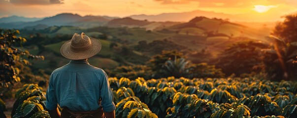 Coffee farmer looking at the plantation at suns