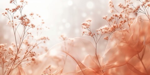Abstract minimalistic background with soft focus on delicate flowers and flowing peach fabric