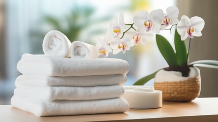  A stack of white towels with an orchid flower in the background 