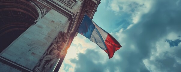 french flag at arc de triomphe during bastille day