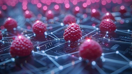   Raspberry cluster on circuit board with pink background lighting