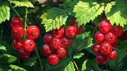  Red cherries on a leafy branch with a bird perched, painted by an artist - obrazy, fototapety, plakaty