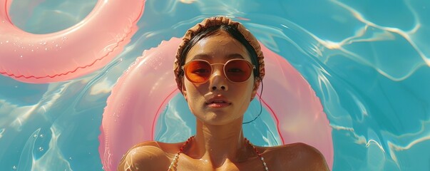 asian woman in swimming pool with sun glasses, bathing cap and inflatable ring
