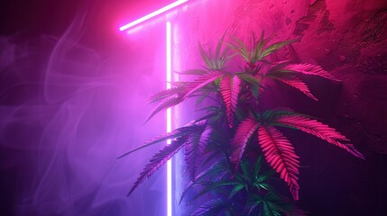   A potted plant sits in front of a neon-colored wall, accentuated by a neon strip running through its center