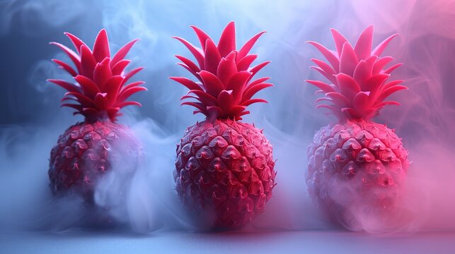   A trio of ripe red pineapples nestled on a vibrant blue-pink backdrop