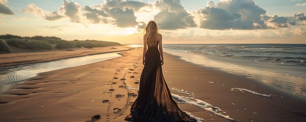 rear view of woman in long black dress standing alone on beach - Powered by Adobe