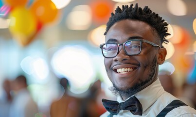 Smiling young man wearing bow tie on birthday - Powered by Adobe