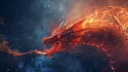 majestic red dragon breathing fire on dark fantasy background mythical creature portrait