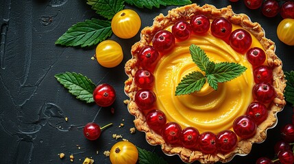   A cherry-covered table with a green leafy garnish and a pie on top