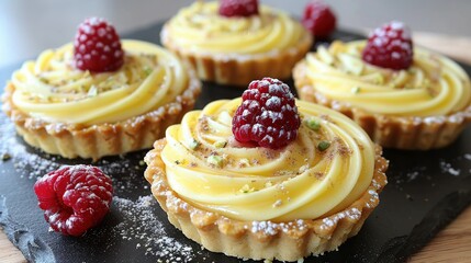  A black plate adorned with cupcakes, coated in frosting, and featuring raspberries nearby - obrazy, fototapety, plakaty