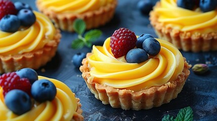   A cupcake with fruit on top is yellow and features blueberries and raspberries