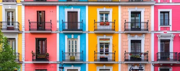 Colorful facades of apartment buildings in the Opera neighborhood in the center of Madrid in Spain