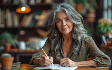  over 50 woman with dark hair sitting at a desk writing an article