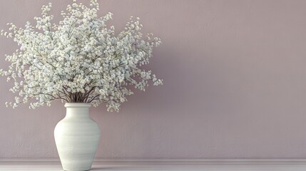  A white vase filled with white flowers sits on a white table in front of a purple wall