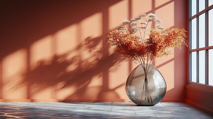   A vase brimming with blossoms rests atop tiled ground near an open casement, casting a wall-shadow