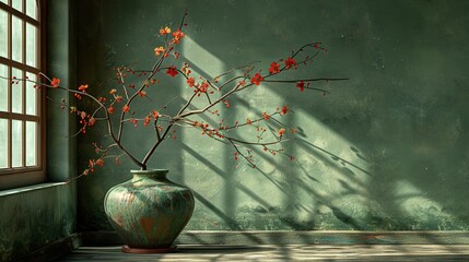   Red flowers bloom in a vase on a table, casting a shadow on the adjacent wall through a nearby window - Powered by Adobe