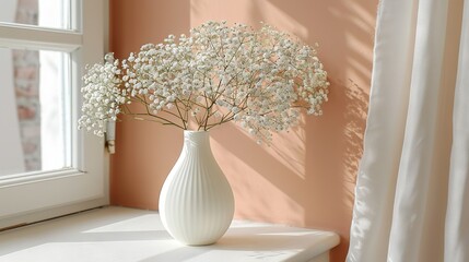   A white vase brimming with baby's breath rests on the windowsill beside it
