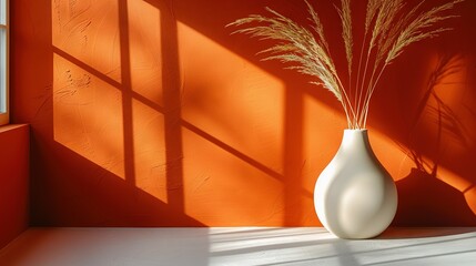   A white vase sits atop a white floor beside a window, casting a shadow of a plant within it