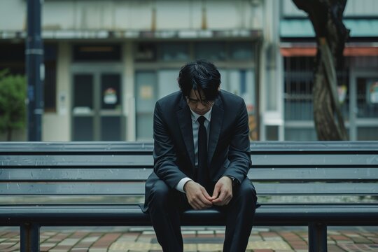 Japanese businessman sitting on bench, head down in frustration and sadness 