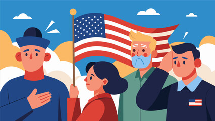 A powerful and emotional moment as these veterans with tears in their eyes salute their nations flag and all it stands for on Independence Day.. Vector illustration