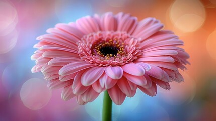   A close-up of a pink flower against a blue-pink background, with a blurry bokeh  of lights in the background - obrazy, fototapety, plakaty