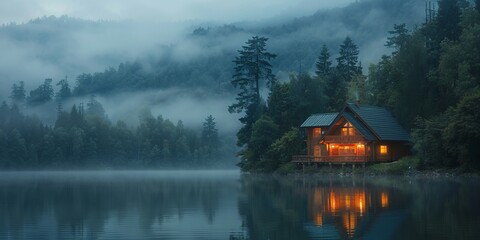 Obraz premium Illuminated Wooden house in the forest on a calm reflecting lake with the foggy mountains in the background at dusk