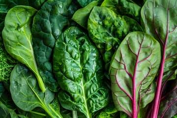 Obraz premium Fresh spinach leaves background. Healthy food concept. Top view, flat lay