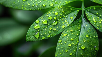   A close-up of a green leaf with droplets of water on it, surrounded by green leaves in the background