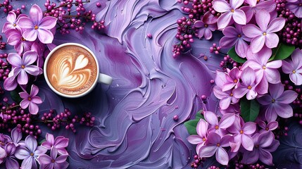   A cup of coffee placed on a table with purple tablecloth, surrounded by purple flowers and berries