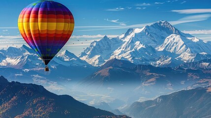 a colorful hot air balloon gliding gracefully over the breathtaking French Alps, as passengers inside the wicker basket enjoy the awe-inspiring aerial vista below.