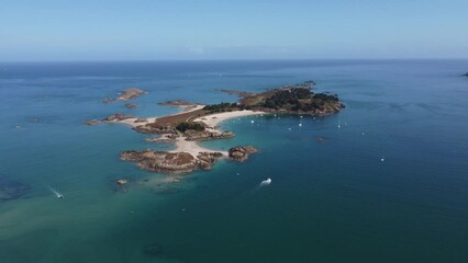 Bird's eye view of a small island in the Atlantic Ocean. Coast of French Brittany. France. Archipelago of Ébihens, emerald coast, in front of Saint Jacut de la Mer.