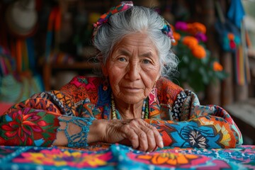 A Guatemalan woman weaves intricate fabrics on a loom, accurately capturing the bright colors of the yarn and the focused expression on her face.