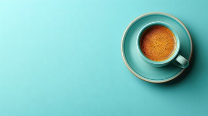  Close-up of blue coffee mug on white saucer with spoon inside
