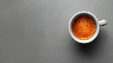   A close-up photo of a cup of coffee on a gray table against a gray background