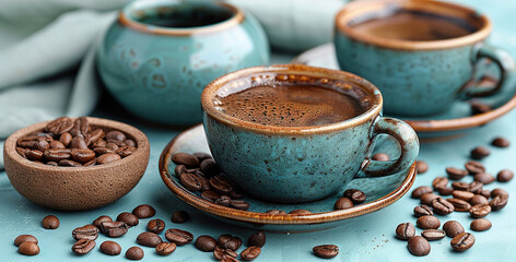   Close-up of one coffee cup on saucer, two coffee cups on saucer