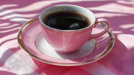   A cup of coffee sits on a saucer atop a pink and white tablecloth table