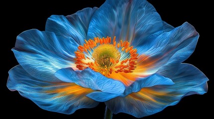   Close-up of a blue flower featuring a yellow stamen at its center - obrazy, fototapety, plakaty